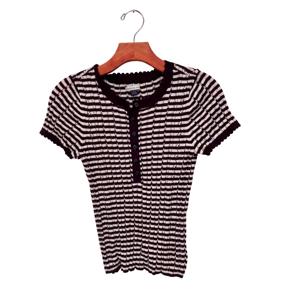 American Eagle Striped Pointelle Henley Coquette Top Black Cream Scallop Trim XS